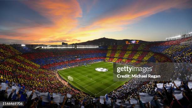 General view of the tifo display before the UEFA Champions League Semi Final first leg match between Barcelona and Liverpool at the Nou Camp on May...