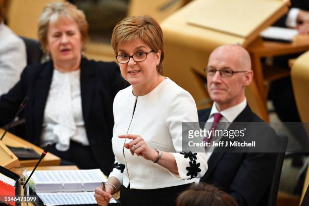 First Minister of Scotland Nicola Sturgeon answers questions during first minister's questions in the Scottish Parliament on May 2, 2019 in...