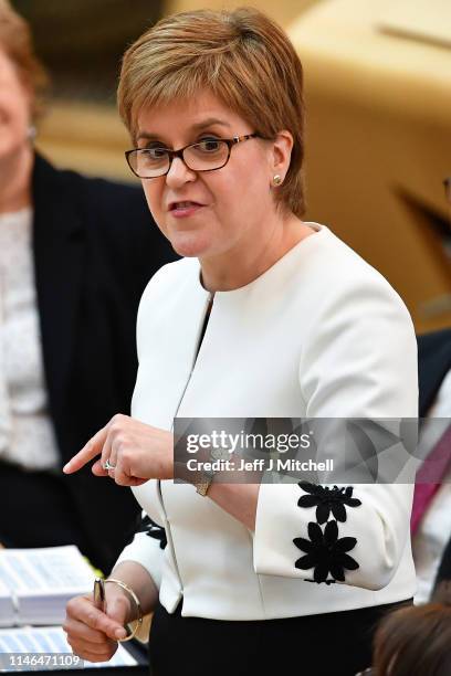 First Minister of Scotland Nicola Sturgeon answers questions during first minister's questions in the Scottish Parliament on May 2, 2019 in...