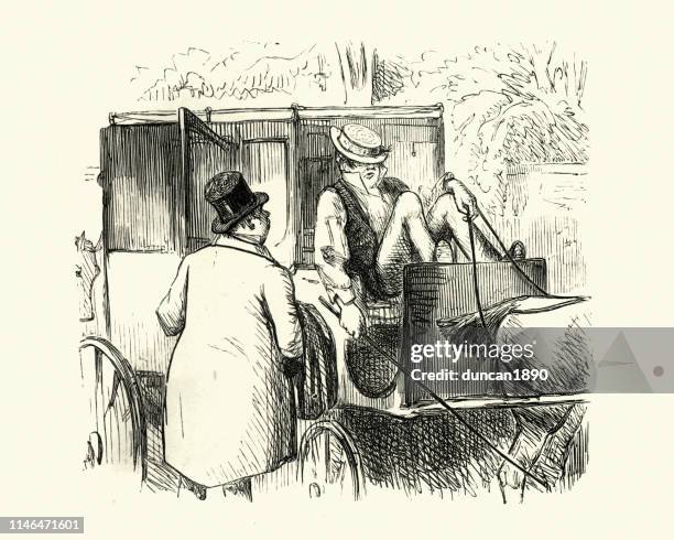 man trying to wake-up a sleeping cab driver, victorian cartoon - cab driver stock illustrations