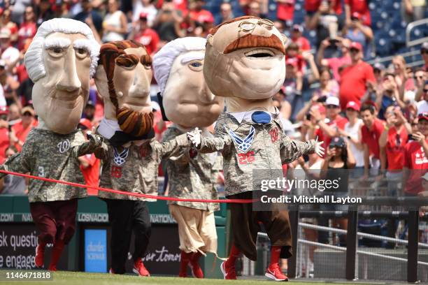 Teddy Roosevelt wins the President's Race during a baseball game between the Washington Nationals and the Miami Marlins at Nationals Park on May 27,...