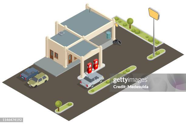 stockillustraties, clipart, cartoons en iconen met isometrische - benzinestation