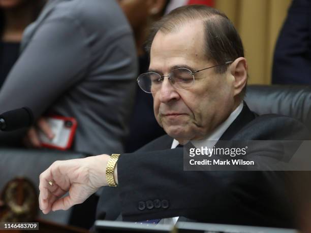 Chairman Jerrold Nadler looks at his watch during a House Judiciary Committee hearing where Attorney General William Barr declined to appear, Capitol...
