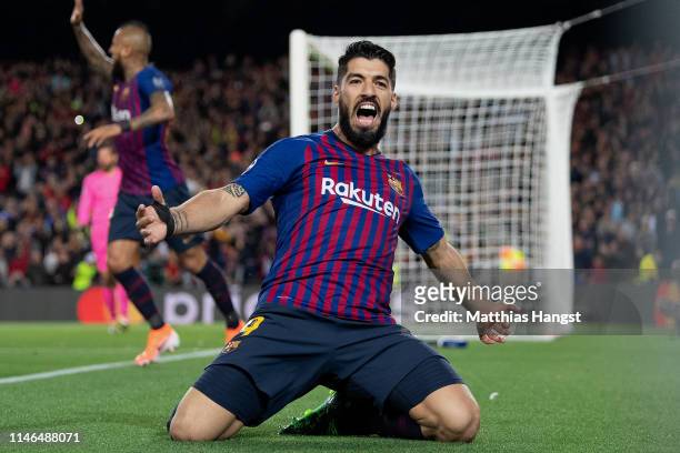 Luis Suarez of Barcelona celebrates after scoring his team's first goal during the UEFA Champions League Semi Final first leg match between Barcelona...