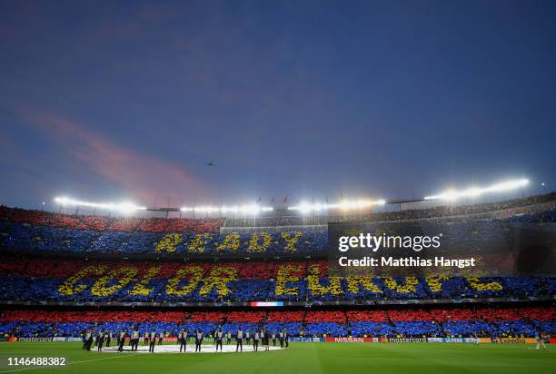 General view inside the stadium as fans shows their support with a Tifo reading 'Ready to color Europe' during the UEFA Champions League Semi Final...