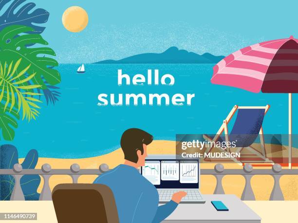 happy man working on beach - laptop outside stock illustrations