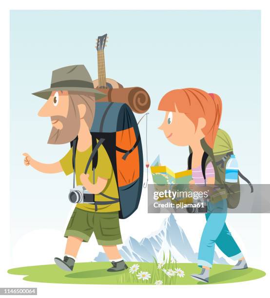 couple planning the route and looking at the map - couple outdoors happy stock illustrations