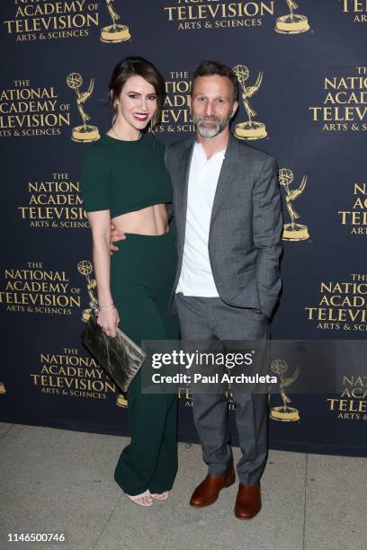 Actors Linsey Godfrey and Breckin Meyer attends the 2019 Daytime Emmy Awards nominee reception at Castle Green on May 01, 2019 in Pasadena,...