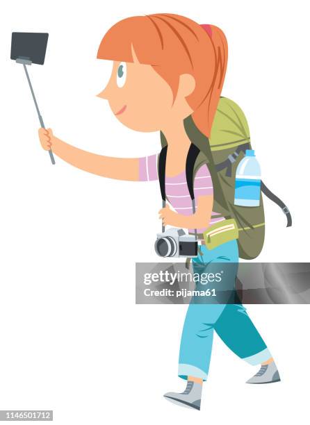 young girl with backpack taking selfie - children taking selfie stock illustrations