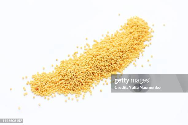 yellow millet sprinkled on a white background, the concept of proper nutrition - hirs bildbanksfoton och bilder