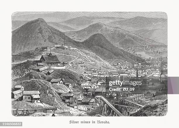 silver mines in nevada, usa, wood engraving, published in 1897 - old west town stock illustrations