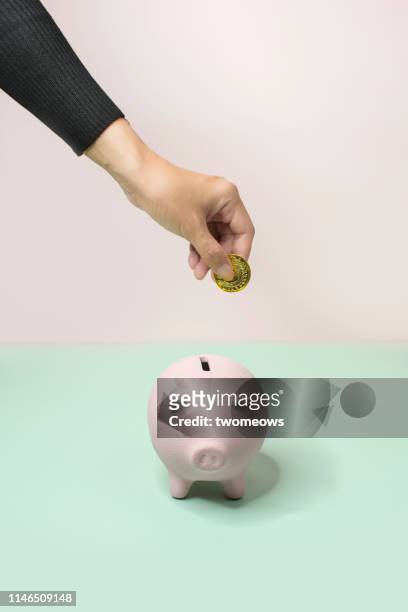 Saving coin into piggy bank still life.