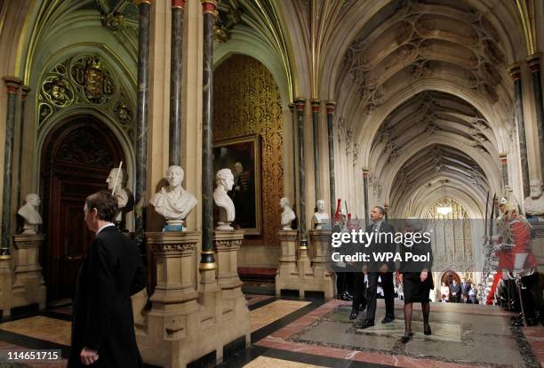 President Barack Obama accompanied by the speaker of the House of Commons John Bercow and House of Lords Speaker Baroness Hayman arrive at the Palace...