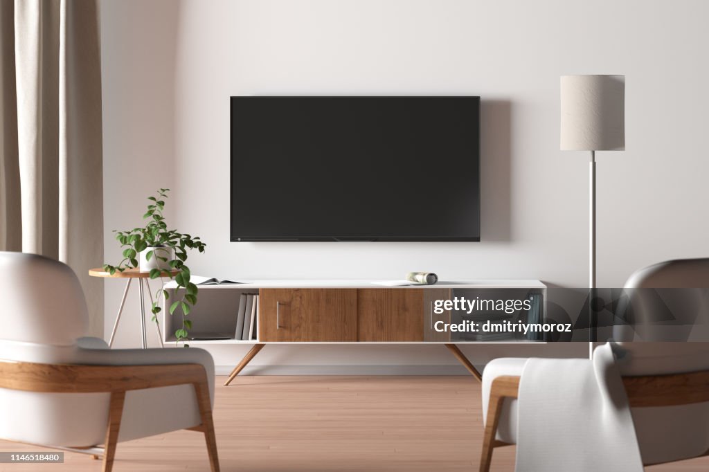 TV-scherm op de witte muur in de moderne woonkamer.