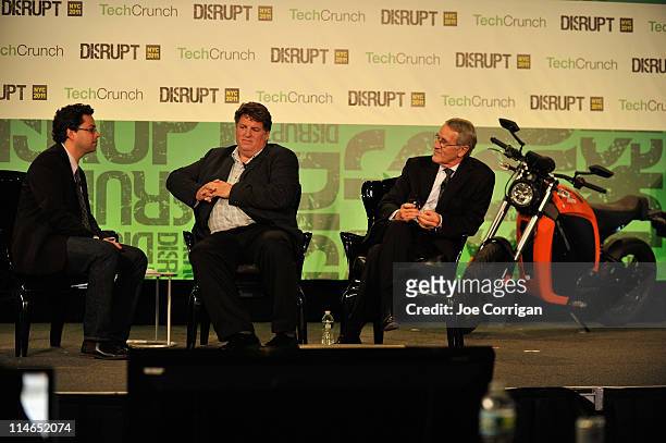 Co-Editor of TechCrunch Erick Schonfeld, Craig Bramscher and Don Runkle of EcoMotors during TechCrunch Disrupt New York May 2011 at Pier 94 on May...