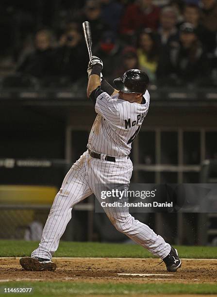 Dallas McPherson of the Chicago White Sox takes a swing against the Cleveland Indians at U.S. Cellular Field on May 19, 2011 in Chicago, Illinois....