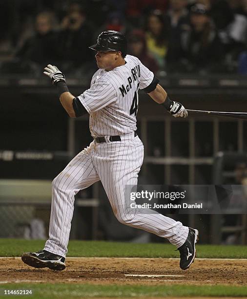 Dallas McPherson of the Chicago White Sox takes a swing against the Cleveland Indians at U.S. Cellular Field on May 19, 2011 in Chicago, Illinois....