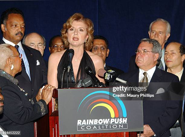 Arianna Huffington addresses the media during Rainbow/PUSH Coalition Fifth Annual Awards Dinner and 61st Birthday Celebration for Rev. Jesse Jackson,...