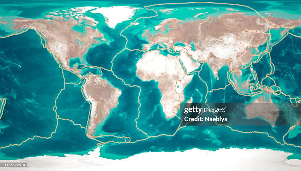 Tectonic plates move constantly, making new areas of ocean floor, building mountains, causing earthquakes, and creating volcanoes. 3d rendering. Map