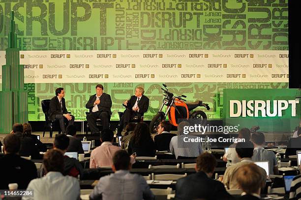 Co-Editor of TechCrunch Erick Schonfeld, Craig Bramscher and Don Runkle of EcoMotors during TechCrunch Disrupt New York May 2011 at Pier 94 on May...