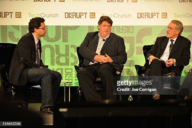 Co-Editor of TechCrunch Erick Schonfeld, Craig Bramscher and Don Runkle of EcoMotors during TechCrunch Disrupt New York May 2011 at Pier 94 on May...
