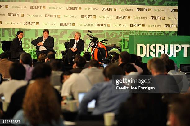 Co-Editor of TechCrunch Erick Schonfeld, Craig Bramscher and Don Runkle of EcoMotors during TechCrunch Disrupt New York May 2011 at Pier 94 on May...