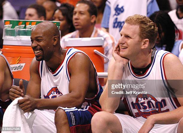 Darrin Henson and Michael Rapaport during 18th Annual A Midsummer Night's Magic Weekend All-Star Basketball Game at Staples Center in Los Angeles,...