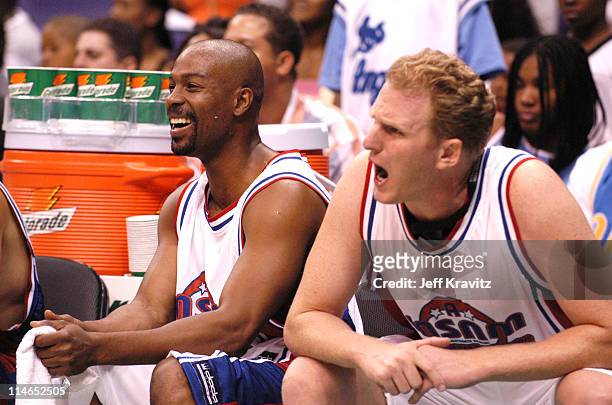 Darrin Henson and Michael Rapaport during 18th Annual A Midsummer Night's Magic Weekend All-Star Basketball Game at Staples Center in Los Angeles,...