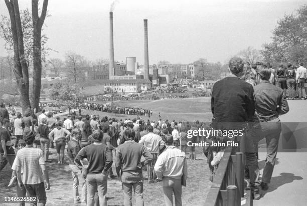 View, from the balcony of Taylor Hall, of Kent State University students gathered on Blanket Hill during an antiwar demonstration, Kent, Ohio, May 4,...