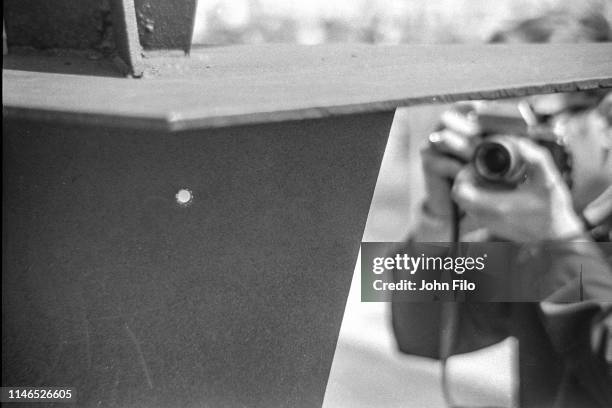 Closeup of a bullet hole left in a metal sculpture after the Ohio National Guard opened fire on antiwar protesters at Kent State University, Kent,...