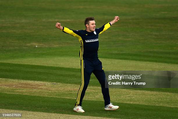 Mason Crane of Hampshire celebrates the wicket of Mir Hamza of Sussex to win the match during the Royal London One Day Cup match between Hampshire...