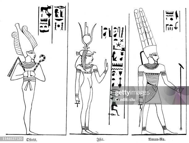 ilustraciones, imágenes clip art, dibujos animados e iconos de stock de deidades egipcias osiris, isis y amún-ra - isis