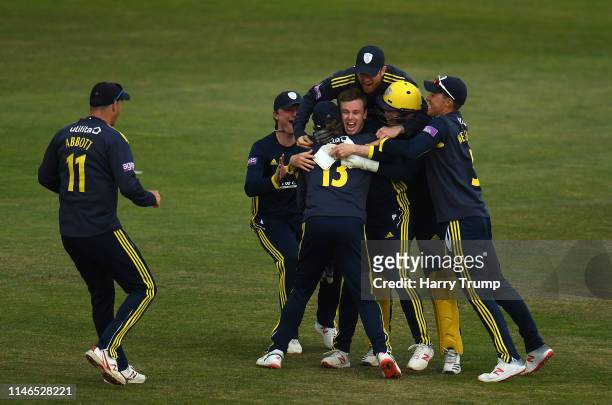 Mason Crane of Hampshire celebrates after taking the final wicket of Mir Hamza of Sussex to win the match during the Royal London One Day Cup match...