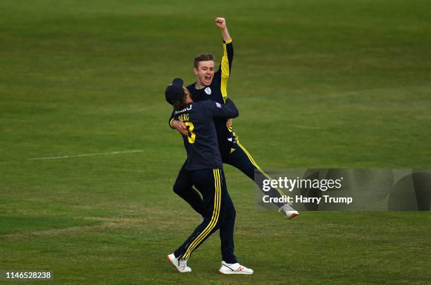 Mason Crane of Hampshire celebrates after taking the final wicket of Mir Hamza of Sussex to win the match during the Royal London One Day Cup match...