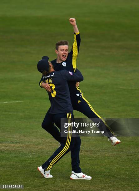 Mason Crane of Hampshire celebrates after taking the final wicket of Mir Hamza of Sussex to win the match during the Royal London One Day Cup match...