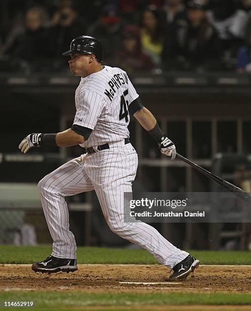 Dallas McPherson of the Chicago White Sox takes a swing against the Cleveland Indians at U.S. Cellular Field on May 19, 2011 in Chicago, Illinois....