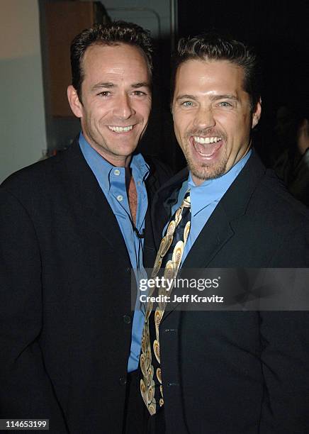 Luke Perry and Jason Priestley during 2005 TV Land Awards - Backstage at Barker Hangar in Santa Monica, California, United States.