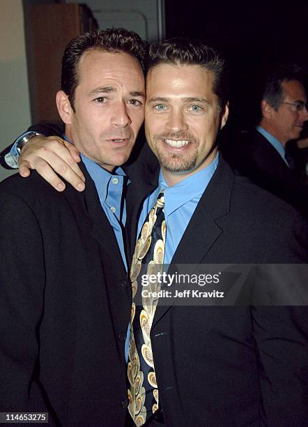 Luke Perry and Jason Priestley during 2005 TV Land Awards - Backstage at Barker Hangar in Santa Monica, California, United States.