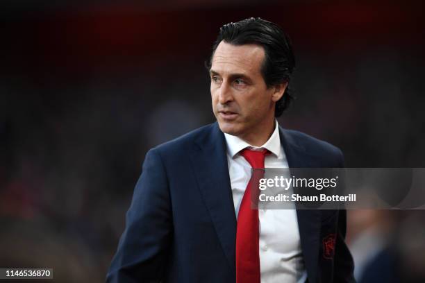 Unai Emery, Manager of Arsenal looks on prior to the UEFA Europa League Semi Final First Leg match between Arsenal and Valencia at Emirates Stadium...