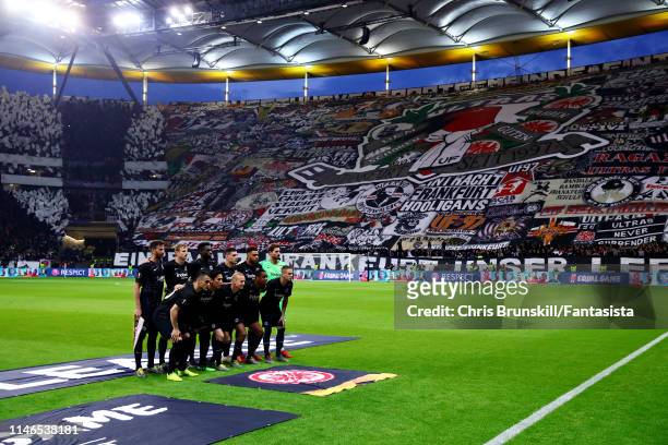 The Eintracht Frankfurt team line up before the UEFA Europa League Semi Final First Leg match between Eintracht Frankfurt and Chelsea at...