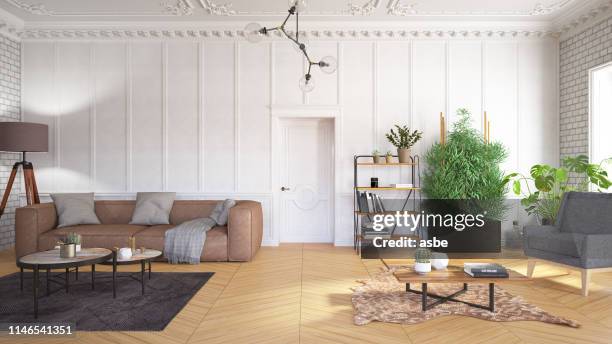 classical living room with furniture and wall panels - wooden floor white background stock pictures, royalty-free photos & images