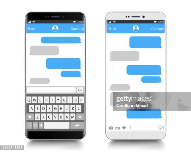 text messaging. smartphone, mobile phone template realistic vector  illustration. speech bubble. discussion. messenger page template - device screen stock illustrations