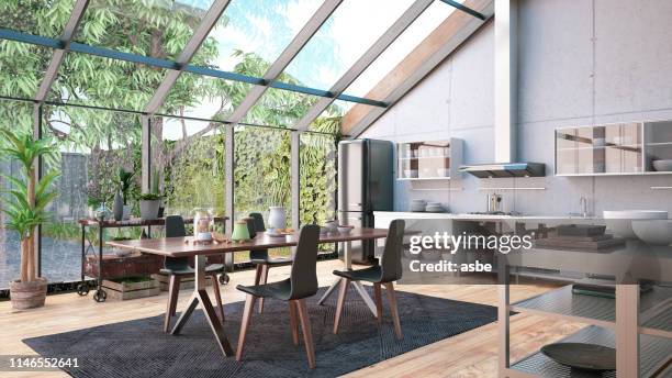 modern kitchen with garden view - steel furniture stock pictures, royalty-free photos & images