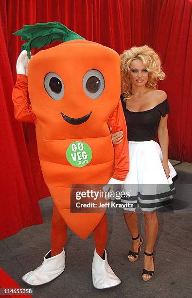 Pamela Anderson with Chris P. Carrot, PETA mascot during Comedy Central Roast of Pamela Anderson - Red Carpet at Sony Studio in Culver City,...