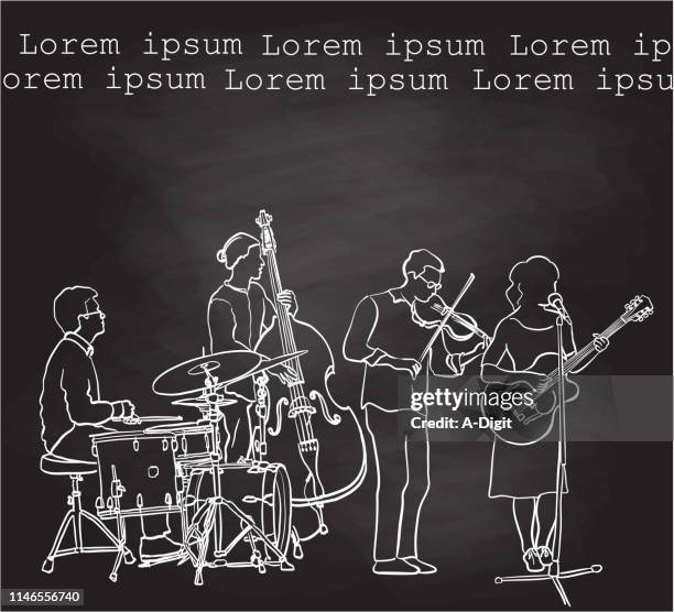 folk rock band chalkboard - guy playing drums stock illustrations