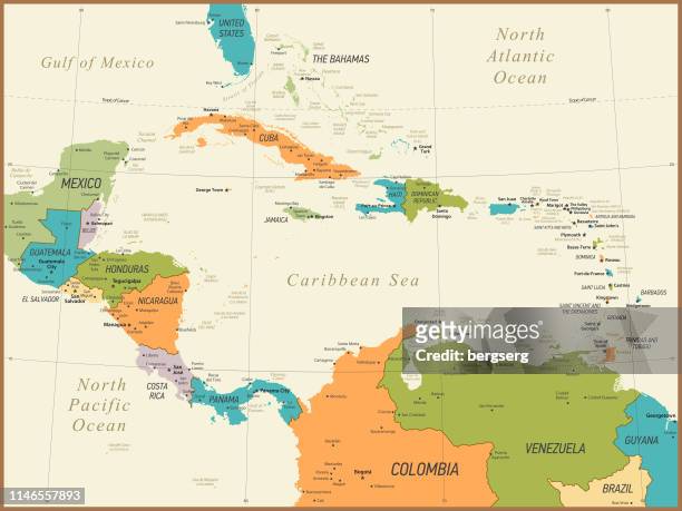 vintage map of central america and the caribbean. vector illustration - jamaica v grenada stock illustrations