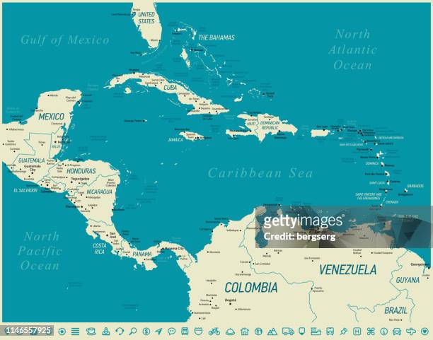 stockillustraties, clipart, cartoons en iconen met kaart van midden-amerika. vector illustratie met infographic iconen - caribbean sea