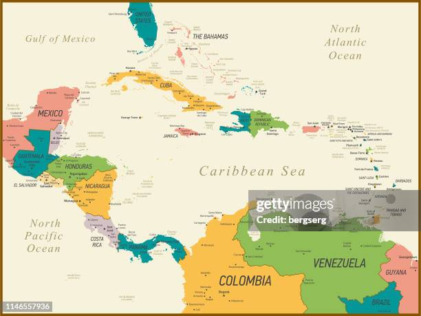 ilustraciones, imágenes clip art, dibujos animados e iconos de stock de mapa vintage de centroamérica y el caribe. vector illustration - hispaniola