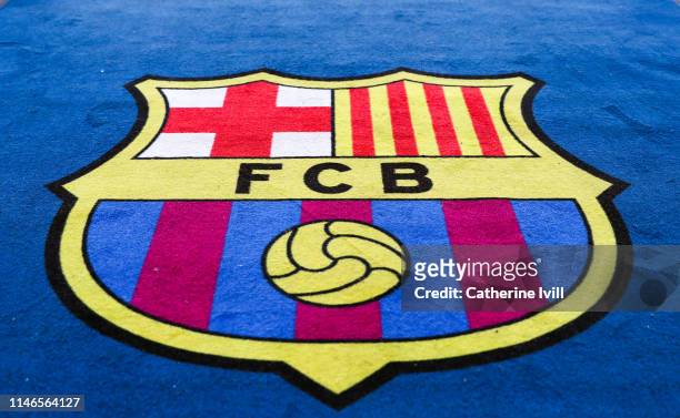 The Barcelona club crest during the UEFA Champions League Semi Final first leg match between Barcelona and Liverpool at the Nou Camp on May 01, 2019...