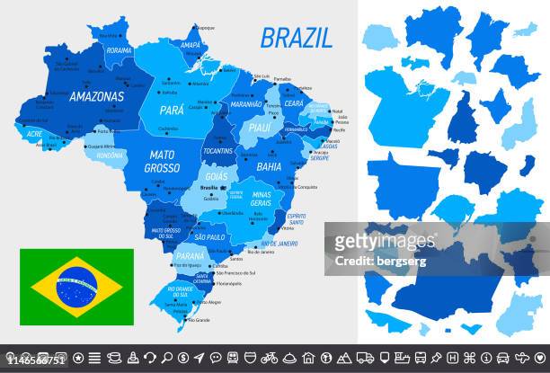 brazil map with national flag, separated provinces and navigational icons - rio de janeiro vector stock illustrations